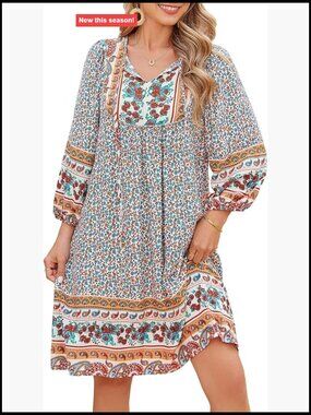 Women's Boho Floral Print 3/4 Sleeve Babydoll Summer Dress Rayon